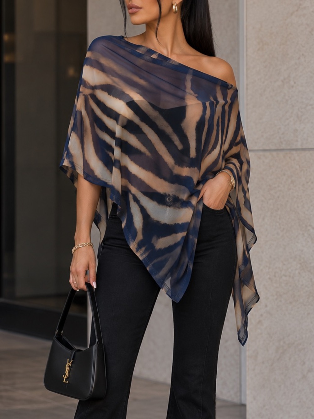 Sheer black & Beige Animal-Print Poncho Top